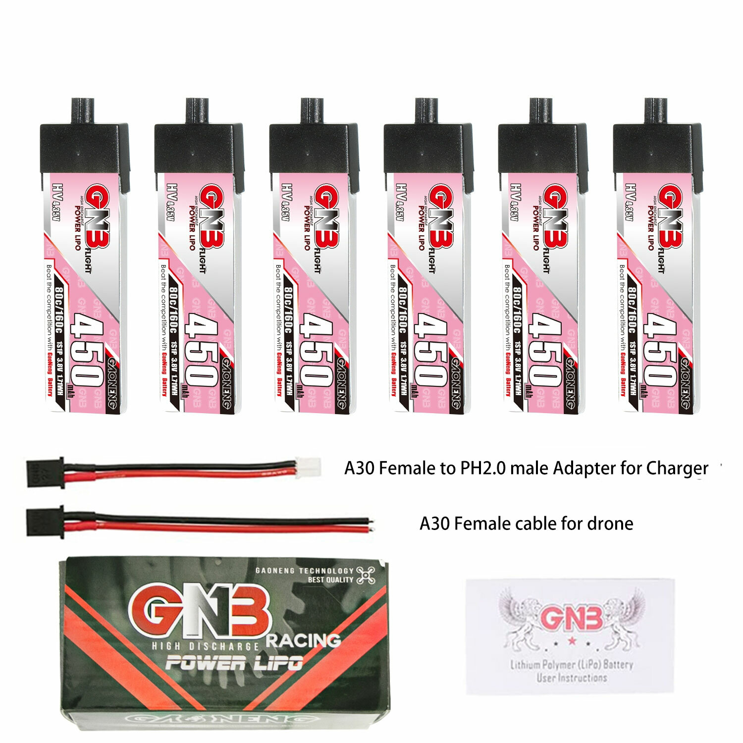 6 stuks Gaoneng 3,8V 450mAh 80C 1S LiHV-batterij A30-stekker met adapterkabel voor Emax Tinyhawk S BetaFPV Beta75X Top Merken Winkel